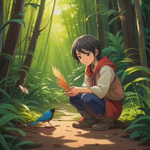 A serene scene of a person kneeling on a sunlit path, gently holding a vibrant bird feather, surrounded by nature, soft grass underfoot, bright blue sky, delicate sunlight filtering through leaves, a feeling of good fortune in the air, joyful expression, magical aura, 4k