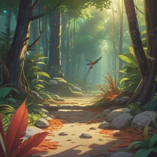 A serene outdoor setting, scattered bird feathers gently resting on the ground, a shining lucky stone nestled among the feathers, soft sunlight filtering through the trees, vivid colors of nature, peaceful ambiance, hint of magical realism, intricate details of feathers and stone, 4k