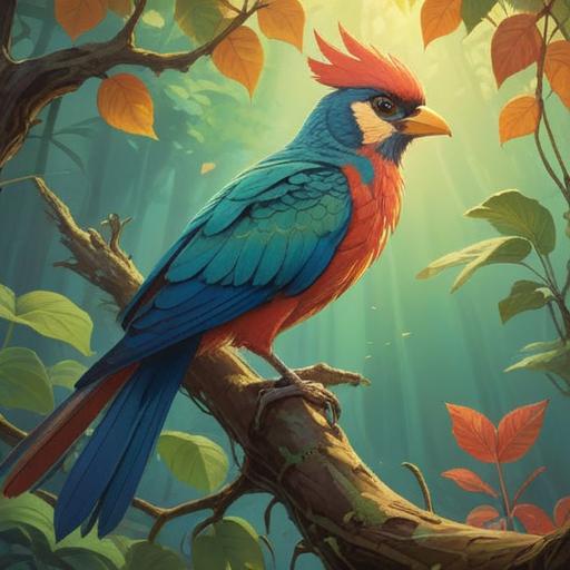 A serene and contemplative scene depicting a bird with vibrant feathers perched on a branch, sunlight filtering through the leaves, an open journal beside it containing sketches and notes, representing newfound insights and ideas, a sense of tranquility and inspiration, intricate details in the feathers, gentle breeze, soft focus background, 4k