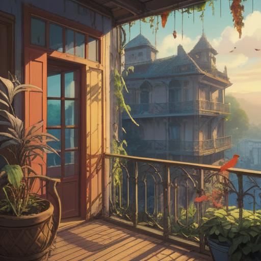 A serene and mystical scene, soft morning light streaming through a balcony, delicate bird feathers gently resting on the railing, a sense of calmness and positivity in the air, spiritual symbolism represented by the feathers, lush greenery in the background, inviting atmosphere, harmonious connection with nature, 4k