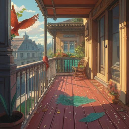 A serene balcony scene, delicate bird feathers scattered on the floor, soft sunlight filtering through, an inviting and peaceful atmosphere, a hint of luck in the air, subtle details of nature surrounding the balcony, vibrant green plants, gentle breeze, the essence of good fortune, 4k
