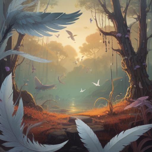 A serene and ethereal scene featuring gray feathers gently floating in the air, symbolizing spirituality and introspection, soft light filtering through a mystical forest, delicate wisps of mist surrounding the feathers, tranquil atmosphere, inviting contemplation, nature's harmony, fine details in the feather textures, 4k