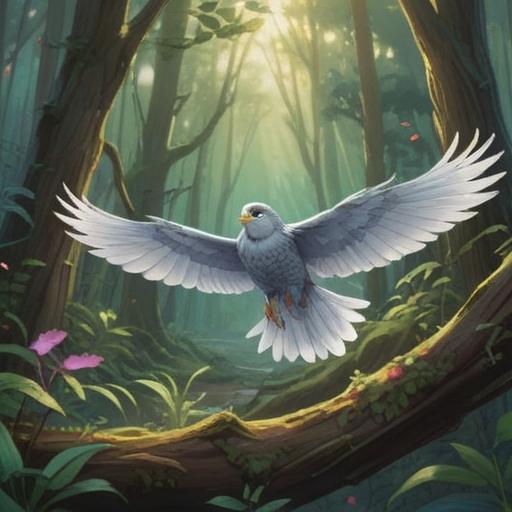 A serene and ethereal scene, gray feathers gently floating in the air, soft beams of light illuminating the feathers, a tranquil forest background, mystical aura, symbols of spirituality and guidance, a sense of peace and hope, 4k