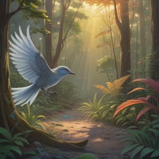 A serene spiritual scene, gray bird feathers gently falling, mystical aura surrounding, nature setting with soft sunlight filtering through trees, a person meditating in contemplation, connection to the universe, symbolic representation of messages from the spirit world, peaceful and reflective atmosphere, 4k