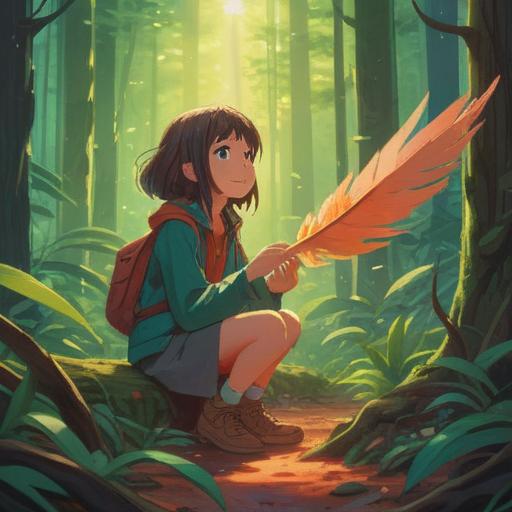 A serene scene of a person discovering a vibrant bird feather on the forest floor, sunlight filtering through the trees, a sense of wonder and luck in the air, detailed depiction of the feather's colors and textures, lush greenery surrounding the discovery, peaceful atmosphere, nature's beauty, enchanting moment, 4k