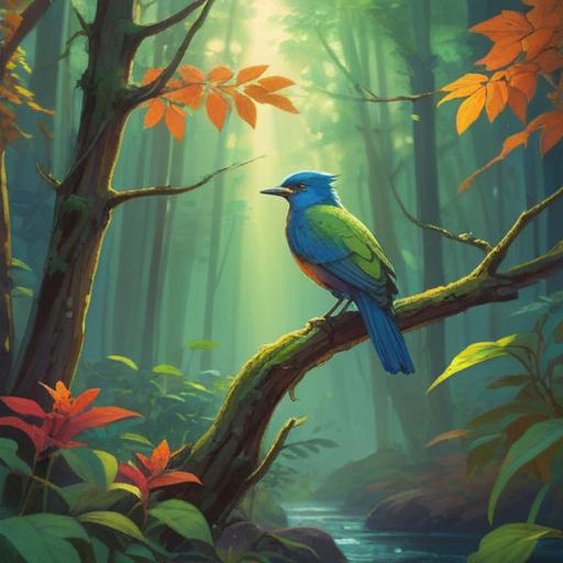 A serene nature scene, a bird perched on a branch, sunlight filtering through leaves, vibrant colors of the forest, soft focus on bird droppings below, symbolizing spiritual blessings, harmonious atmosphere, various wildlife in the background, 4k