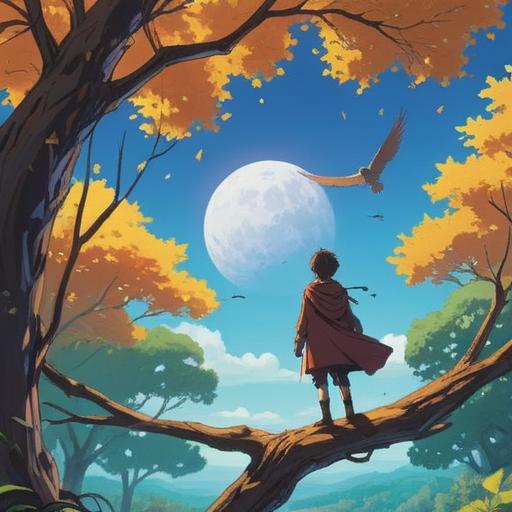 A serene outdoor setting, a person looking up at a clear blue sky, a bird perched on a nearby branch, a moment of surprise as bird droppings fall on their clothing, symbolic aura surrounding the scene, hints of spiritual significance, reflection on life's unexpected moments, nature's messages, soft focus on the person's expression, 4k