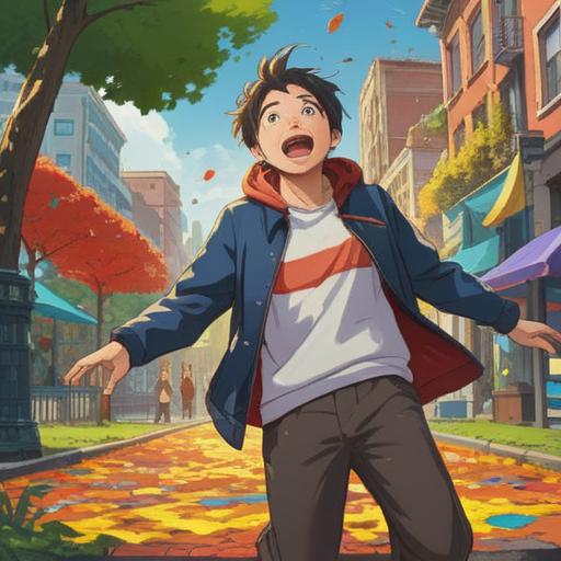 A humorous scene depicting a person surprised by bird droppings landing on their clothing, vibrant colors, a whimsical city park background, cheerful atmosphere, exaggerated facial expressions, passerby reactions, playful elements, 4k
