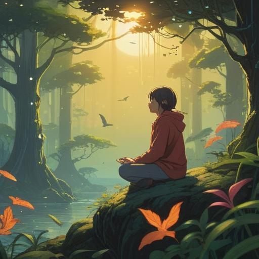 A spiritual scene depicting the significance of bird droppings, serene nature backdrop, sunlight filtering through trees, a person in meditation, symbols of good luck and positive energy surrounding, vibrant colors, harmonious atmosphere, 4k