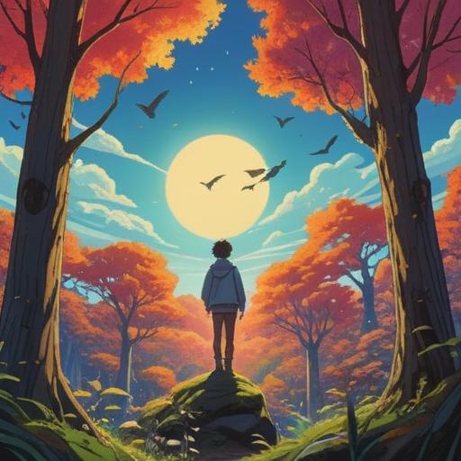 A serene outdoor scene, a person looking up at the sky, sunlight filtering through trees, a bird in mid-flight, a gentle splash of white dropping from above, expressions of surprise and curiosity, symbolic aura around the person, calming nature background, uplifting atmosphere, 4k