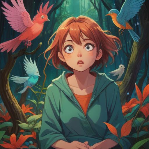 A spiritual illustration depicting the moment of being pooped on by a bird, symbolic representation of unexpected luck and cleansing, vibrant colors, mystical aura, serene landscape in the background, an intrigued person looking up with a surprised expression, feathers gently falling, 4k