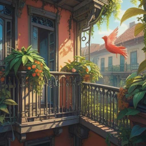 A serene illustration depicting a balcony adorned with vibrant plants, bird droppings symbolizing renewal and cleansing, soft sunlight filtering through leaves, a peaceful ambiance, mystical elements such as shimmering orbs, detailed background of a tranquil sky, spiritual reflection on nature, 4k