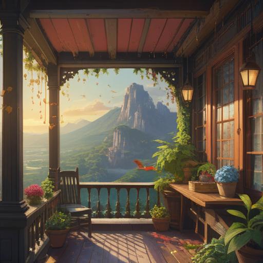 A serene balcony scene, bird droppings falling gracefully, symbol of good fortune, tranquil atmosphere, nature's blessings, peaceful sunlight filtering through plants, gentle breeze, soft colors, spiritual interpretation, 4k