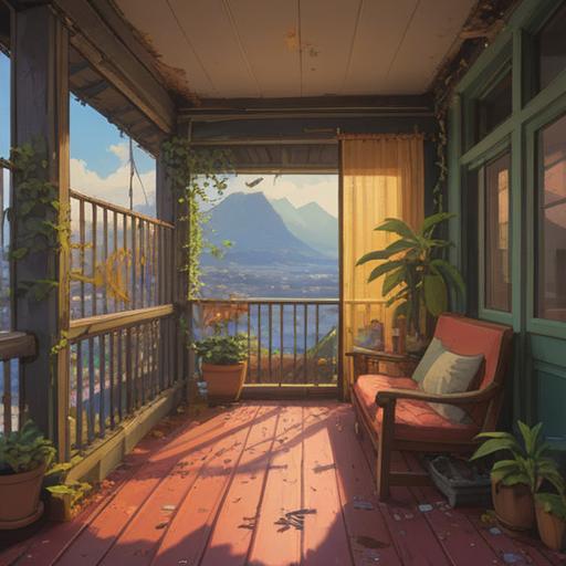 A serene balcony scene, bird droppings on the floor, spiritual symbols in the air, caution signs representing awareness, soft natural light, plants showing signs of growth, a calm atmosphere, a reminder to pay attention to subtle messages, vivid colors, inviting yet reflective setting