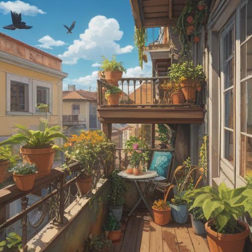A sunny balcony scene, bird droppings as a quirky lucky charm, vibrant potted plants, cheerful decor, a serene blue sky, a glimpse of city life below, positive energy, whimsical atmosphere, 4k