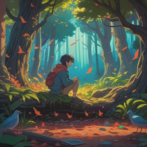 A serene outdoor scene, birds perched on trees, colorful bird droppings scattered on the ground, a person contemplating the unexpected messages behind the droppings, creative uses of droppings for gardening and fertilization, nature's surprising gifts, vivid colors, rich details in the setting, harmonious atmosphere, 4k