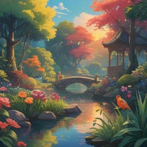 A serene garden filled with colorful birds, vibrant flowers, soft sunlight filtering through lush trees, a tranquil pond reflecting the sky, an aura of spiritual peace, symbols of transformation and freedom, gentle breezes rustling leaves, inviting energy, harmony with nature, 4k