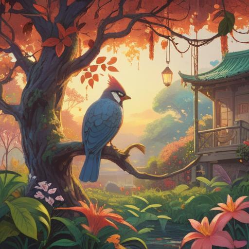 A serene garden filled with various colorful birds, bright flowers blooming, sunlight filtering through the leaves, a peaceful ambiance, representing spiritual signs of positivity and good fortune, tranquil setting, harmonious nature, lush greenery, 4k