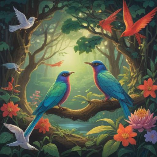 A serene garden scene, vibrant flowers blooming, a variety of birds perched on branches, ethereal light filtering through leaves, subtle aura surrounding the birds, symbolic representation of spiritual signs, harmonious nature, tranquil atmosphere, 4k