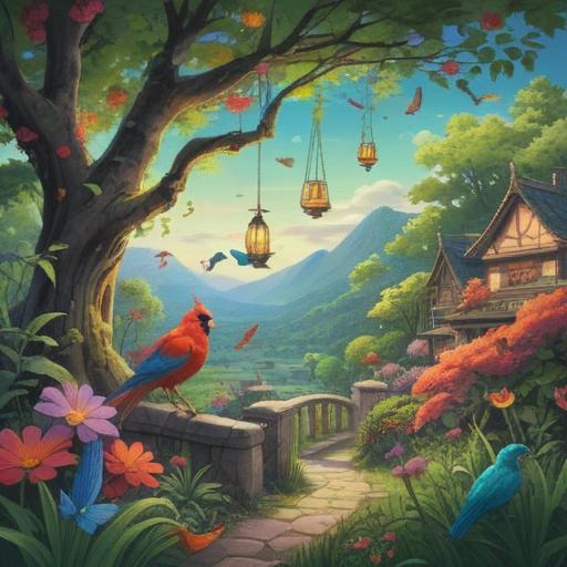 A serene garden filled with vibrant flowers and lush greenery, a variety of colorful birds perched on branches, symbols of luck such as four-leaf clovers and horseshoes scattered around, sunlight filtering through leaves creating dappled patterns, peaceful ambiance, inviting atmosphere, nature's beauty, harmonious coexistence, 4k