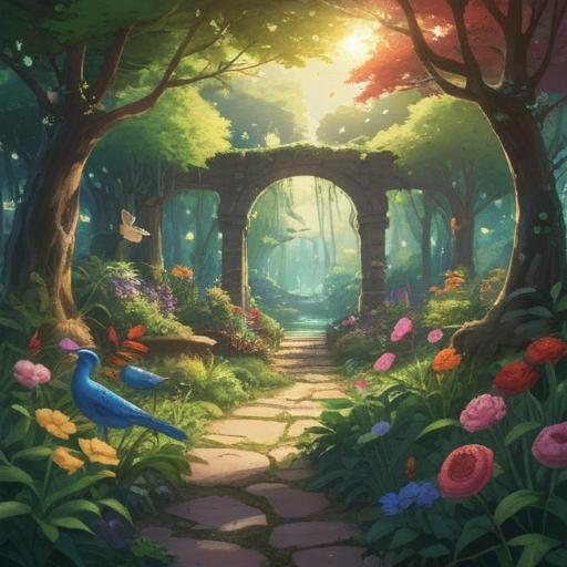 A beautiful garden filled with various birds gathering, lush greenery, colorful flowers in full bloom, serene atmosphere, sunlight filtering through the trees, birds perched on branches, playful interactions, vibrant colors, peaceful natural setting, 4k