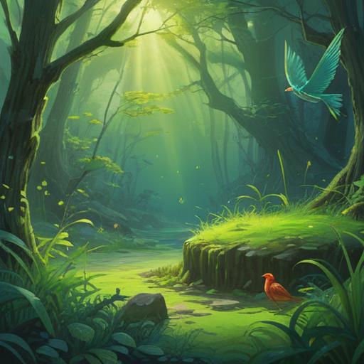 A serene and contemplative scene depicting a fallen bird on a lush green ground, surrounded by ethereal light, symbolizing transition and the cycle of life, soft pastel colors, gentle fluttering leaves in the breeze, a sense of peace and reflection, hints of spiritual essence emanating from the bird, 4k