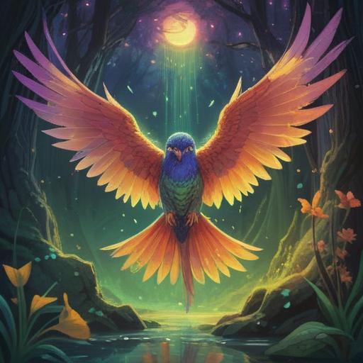 A serene and mystical scene depicting a lifeless bird surrounded by ethereal light, symbolizing spiritual transformation, glowing aura radiating from the bird, lush green nature in the background, gentle rays of sunlight breaking through the trees, tranquil atmosphere, harmonious colors blending with soft pastels, conveying a sense of peace and renewal, 4k