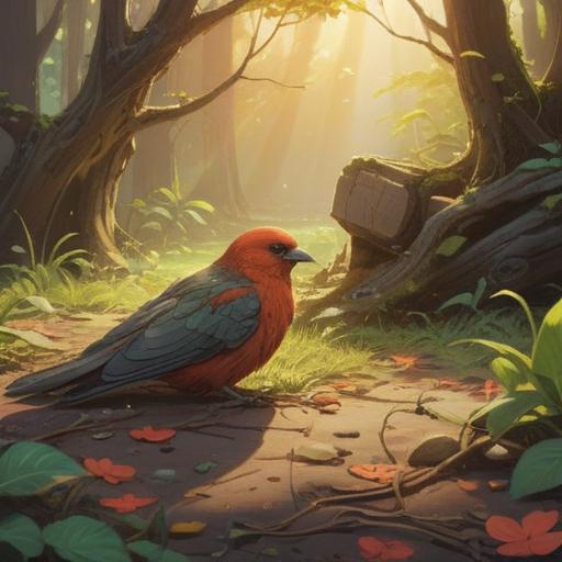 A serene and contemplative scene depicting a dead bird lying on the ground, surrounded by subtle hints of nature, soft sunlight filtering through leaves, a sense of peace and reflection, ethereal aura, symbolic elements representing spiritual signs, muted colors, inviting atmosphere, informative visual storytelling, 4k