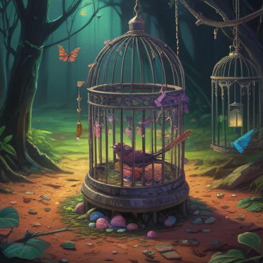 A surreal scene depicting a broken birdcage, a lifeless bird on the ground, surrounded by glimmering lucky charms, vibrant colors, a mystical forest background, ethereal lighting, symbols of fortune scattered around, an atmosphere of hope and renewal, intricate details, 4k