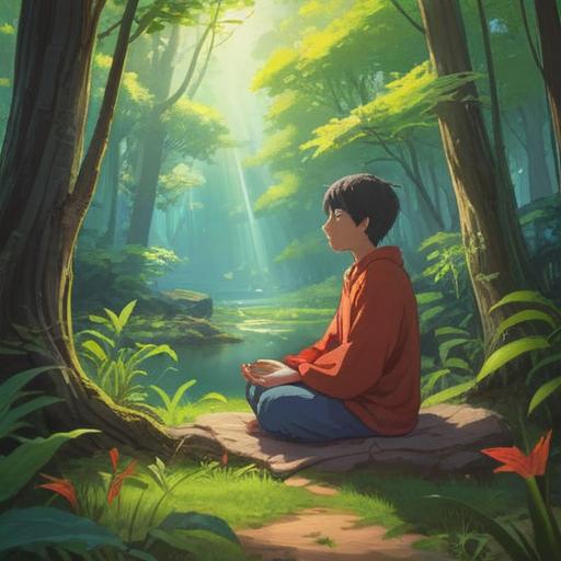 A serene and calming scene depicting a person meditating in a tranquil environment, surrounded by nature, soft sunlight filtering through trees, peaceful expression, organized thoughts visualized as colorful orbs around the head, gentle breeze moving leaves, harmonious atmosphere, focus on mindfulness and clarity, 4k