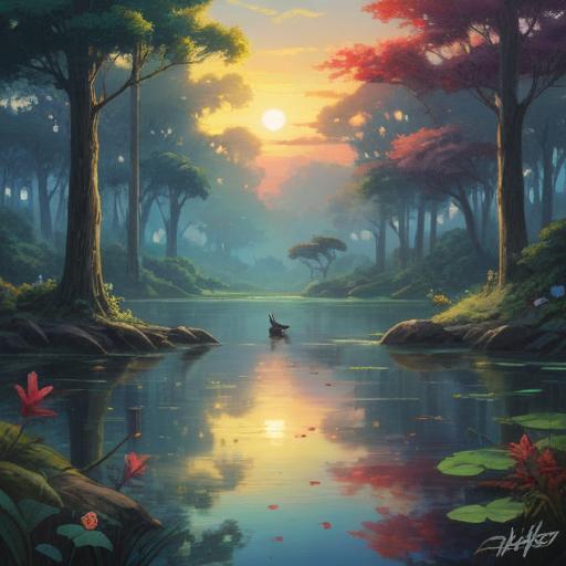 A serene scene of a bird approaching, symbolizing spiritual guidance, gentle sunlight filtering through lush trees, tranquil water reflecting the sky, vibrant colors of nature, a sense of peace and connection, ethereal atmosphere, soft focus, 4k