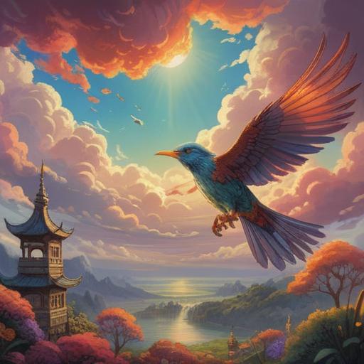 A serene landscape showcasing a majestic bird soaring in the sky, vibrant colors, sunlight filtering through the clouds, nature's beauty, symbol of freedom and guidance, tranquil atmosphere, harmonious connection between earth and sky, spiritual symbolism, 4k
