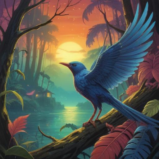 A serene and mystical scene featuring a bird approaching, vibrant feathers shimmering, a soft glow surrounding it, symbolic elements like feathers or crystals in the background, a sense of spiritual connection and awareness, calm forest setting, ethereal atmosphere, subtle hints of light and shadows, illustrating a moment of intuition and alertness, 4k