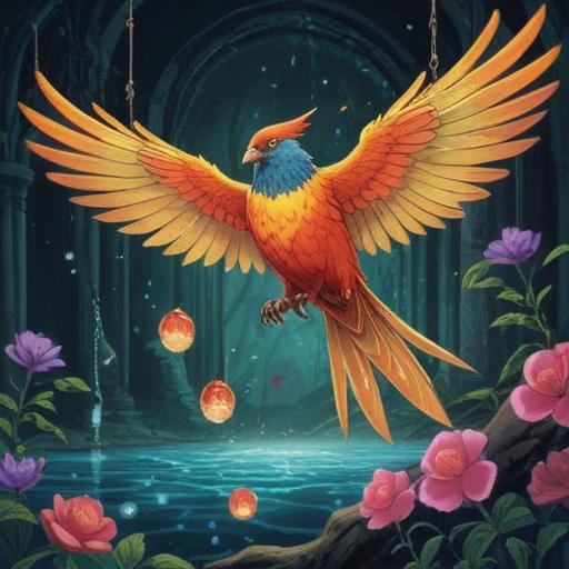 A serene scene of a bird approaching a sparkling piece of lucky jewelry, vibrant colors, intricate details on the jewelry, the bird with exquisite feathers, soft sunlight illuminating the scene, gentle breeze rustling through the leaves, an aura of magic and fortune, nature's beauty surrounding the moment, enchanting atmosphere, 4k