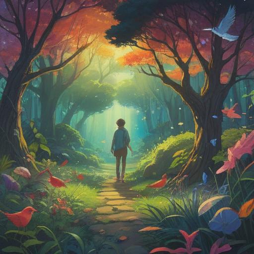 A serene scene depicting birds gathering around a person in a peaceful garden, vibrant colors, ethereal light shining through the trees, symbolizing spiritual connection and positive energy, delicate flowers blooming, a sense of tranquility and harmony, 4k