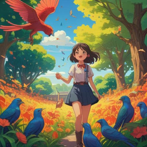 A person surrounded by colorful birds, vibrant feathers, a sunny park setting, a feeling of joy and positivity, symbols of luck, an aura of happiness, enchanting interaction, lush greenery, a sense of harmony, uplifting atmosphere, 4k
