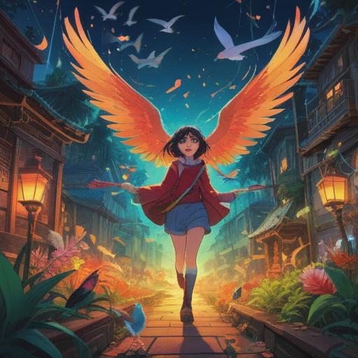 A person surrounded by cheerful birds, vibrant colors, uplifting atmosphere, nature scene, harmonious interaction, conveying luck and positivity, gentle sunlight filtering through trees, expressive facial features, joyful gestures, detailed background with flowers and greenery, 4k