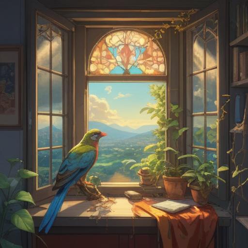 A serene and mystical scene, a colorful bird perched on a windowsill, warm sunlight streaming through the glass, symbolizing peace and spiritual connection, soft ethereal glow surrounding the bird, gentle feathers catching the light, inviting atmosphere, hints of nature outside, calming colors, harmonious ambiance, 4k
