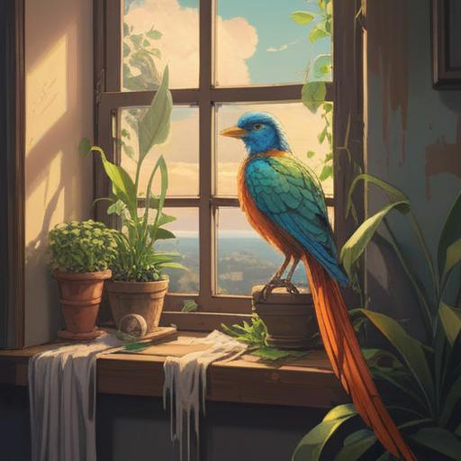 A serene illustration of a bird perched on a windowsill, sunlight streaming through, symbolizing peace and spiritual guidance, vibrant feathers glistening, indoor plants surrounding, warm and inviting atmosphere, hopeful expression, detailed background depicting a cozy living space, 4k