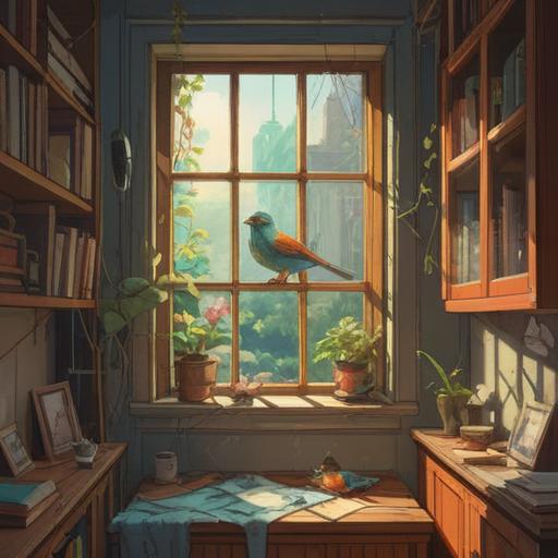 A serene and inviting home interior, a colorful bird perched on a windowsill, warm sunlight streaming through the glass, soft shadows cast on the walls, symbolic elements like feathers and dreamcatchers in the background, an aura of tranquility and spiritual significance, inviting energy, nature's connection, peaceful coexistence, harmony between the home and nature