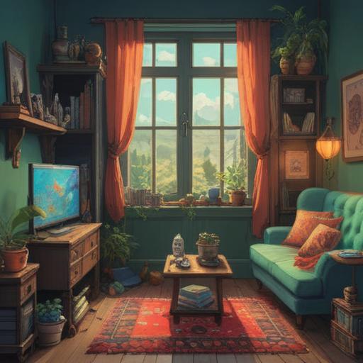 A whimsical illustration of a cozy living room, a colorful bird perched on a windowsill, an array of good luck items on a nearby table, such as a horseshoe, a lucky coin, and a four-leaf clover, soft sunlight streaming through the window, serene atmosphere, vibrant colors, inviting home setting, 4k