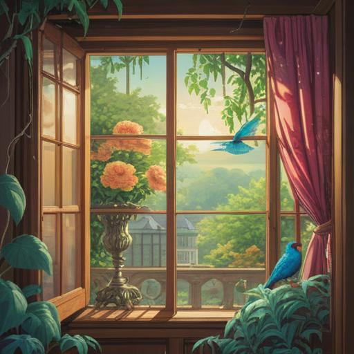 A serene illustration of a bird entering a cozy home, symbolizing spiritual awakening, soft light filtering through a window, gentle colors, peaceful atmosphere, nature-inspired decor, whimsical details, uplifting emotions, 4k