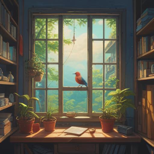 A serene indoor scene, sunlight streaming through a window, a colorful bird perched on a windowsill, symbolizing spiritual awakening, lush indoor plants surrounding the area, calm and peaceful ambiance, soft shadows and light reflections, a hint of hope and positivity, 4k