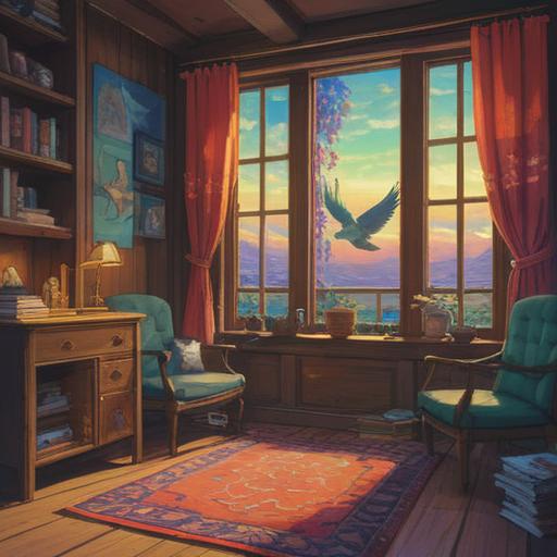 A bird entering a house, mystical symbolism, spiritual significance, serene atmosphere, a gentle light illuminating the scene, an open window inviting the bird inside, vibrant feathers representing messages from the universe, soft shadows creating a tranquil setting, 4k