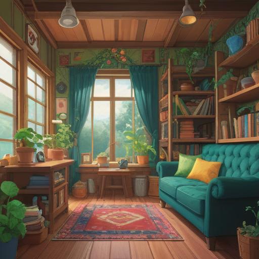 A colorful and whimsical illustration of a cheerful bird perched inside a cozy home, surrounded by various lucky items like a four-leaf clover, a horseshoe, and a shimmering gold coin, warm sunlight streaming through the window, inviting atmosphere, playful and vibrant colors, intricate details in the background, capturing a sense of joy and fortune, 4k