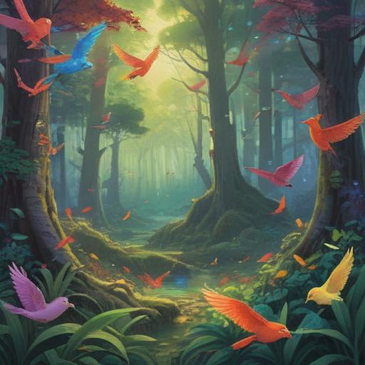 A serene and tranquil scene depicting a flock of colorful birds arriving in a lush, vibrant forest, symbolizing spiritual awakening and connection, sunlight filtering through the leaves, creating a magical ambiance, soft feathers glistening, nature's beauty surrounding the moment, a gentle breeze rustling the trees, sense of harmony and peace, 4k