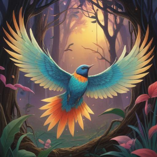 A serene and mystical scene depicting a bird swooping down gracefully, soft ethereal light surrounding it, vibrant feathers symbolizing hope and positive energy, a tranquil natural setting with gentle colors, lush greenery in the background, a sense of wonder and spirituality emanating from the moment, peaceful atmosphere, uplifting experience, 4k