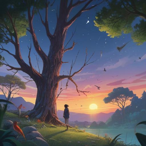 A serene landscape featuring a person observing a variety of birds gathering, ethereal light shining through the trees, symbols of spiritual significance in the surroundings, peaceful atmosphere, vibrant colors, connection with nature, detailed feathers of the birds, hints of spirituality, 4k