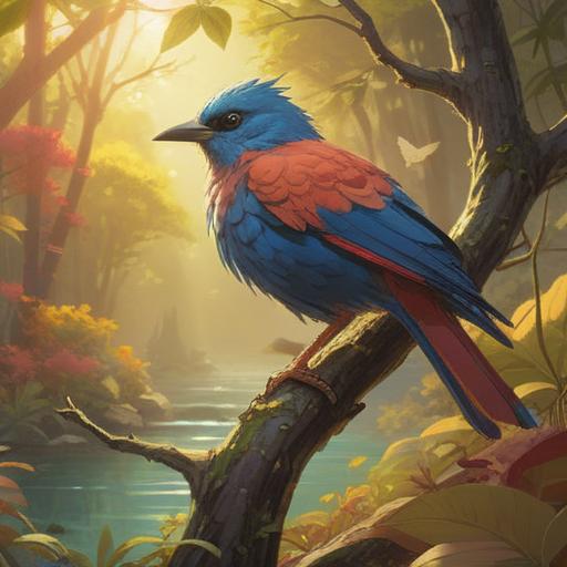 A serene landscape scene, a beautiful bird perched on a tree branch, soft sunlight filtering through the leaves, bright colors of nature, symbolizing luck and fortune, gentle breeze rustling the feathers, a sense of tranquility and joy, harmonious setting, 4k