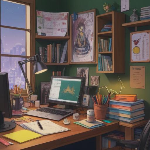 A clean and organized workspace, notebooks stacked neatly, colorful sticky notes scattered, a laptop displaying graphs and charts, a cup of coffee beside it, sunlight streaming through the window, a focus on productivity and clarity, inviting atmosphere, 4k